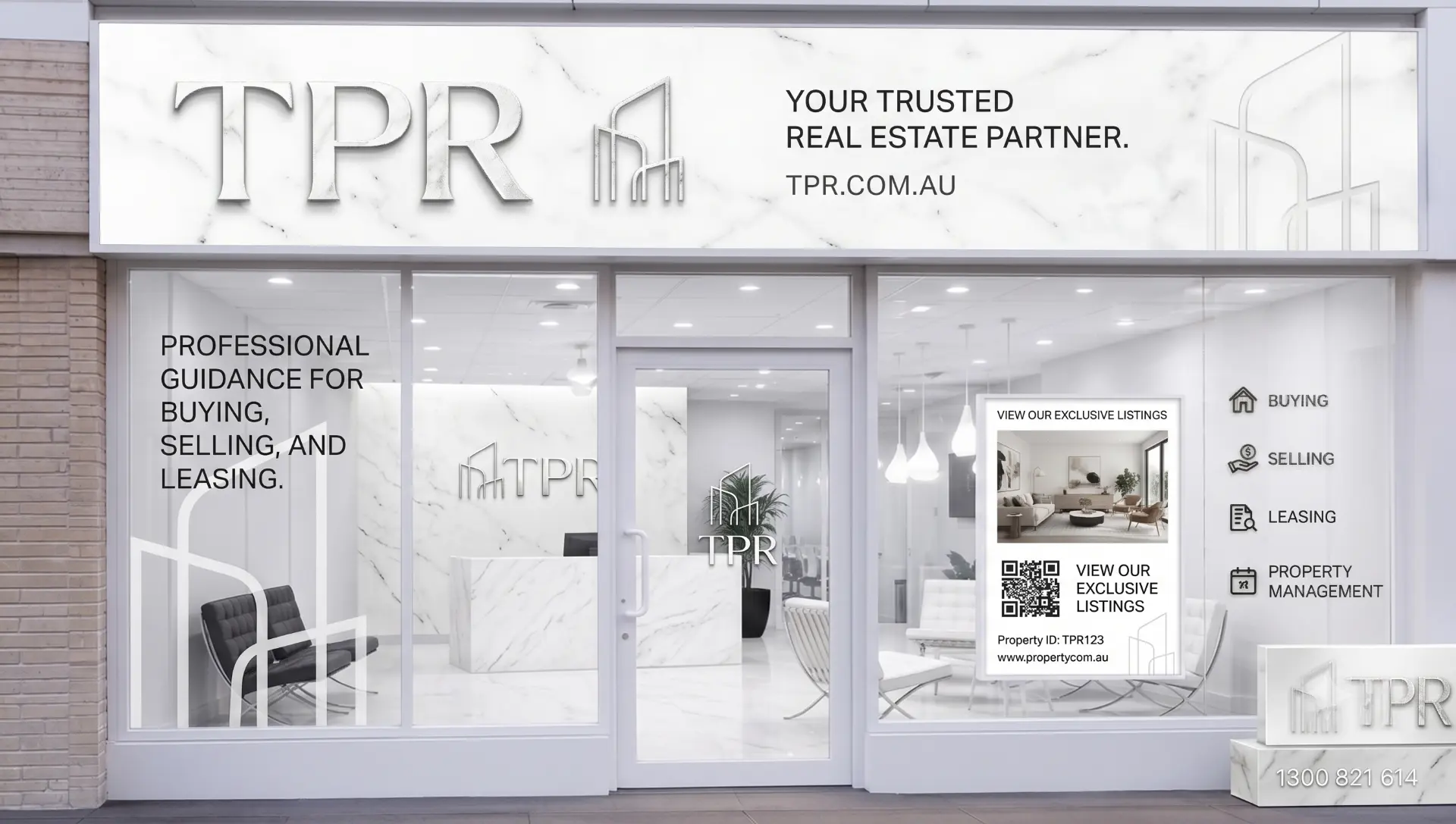 TPR branded franchise shopfront office exterior with window signage
